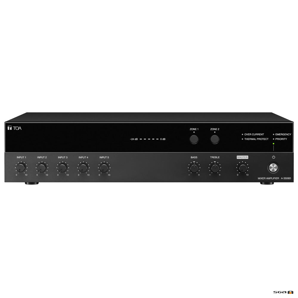 TOA A3506D Class D Mixer Amplifier, 60W with 2 zone, 5 inputs, selectable phantom power, 100V or 4 to 16 ohm outputs.
