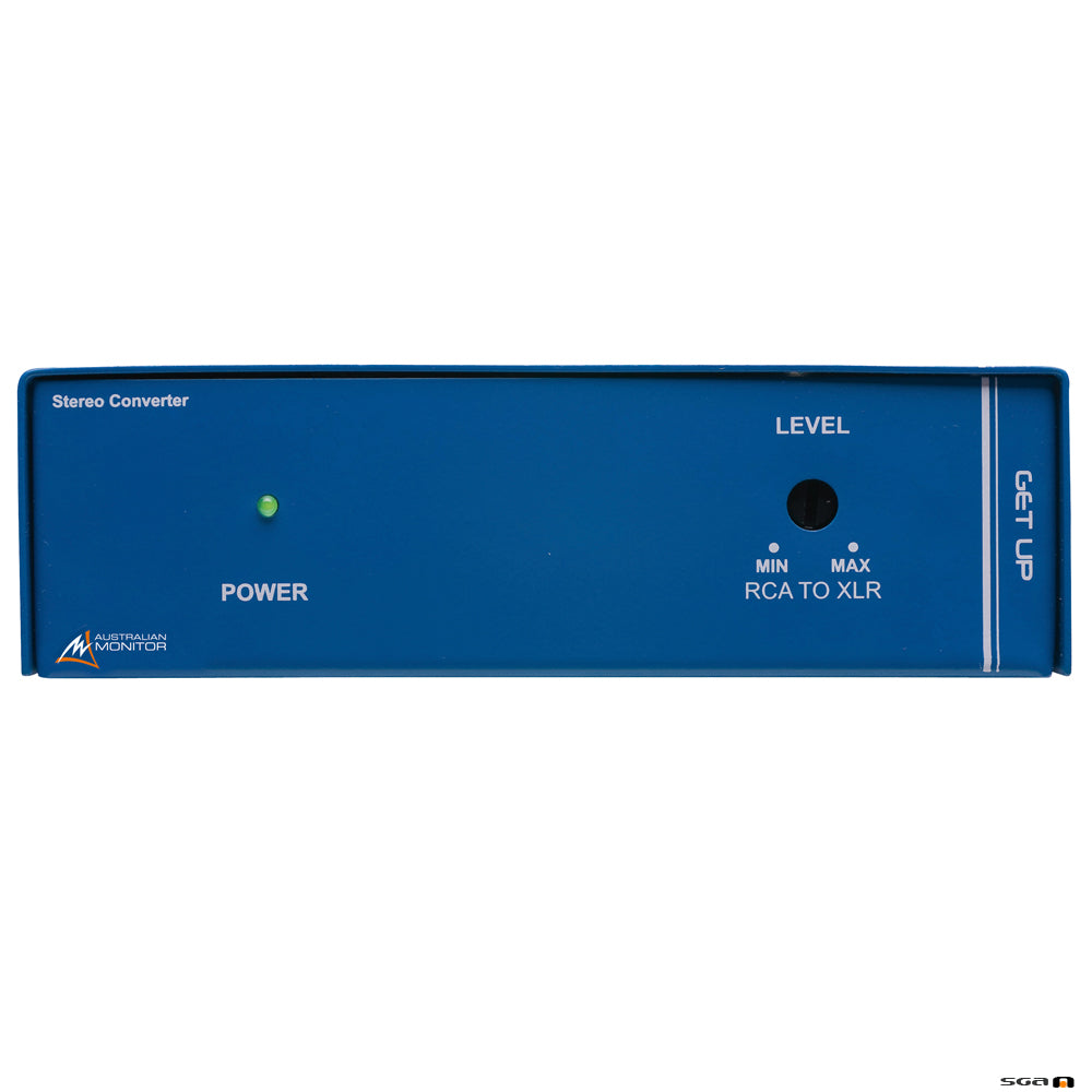 Australian Monitor GETUP stereo converter converts an unbalanced domestic level signal to a professional line level balanced audio signal