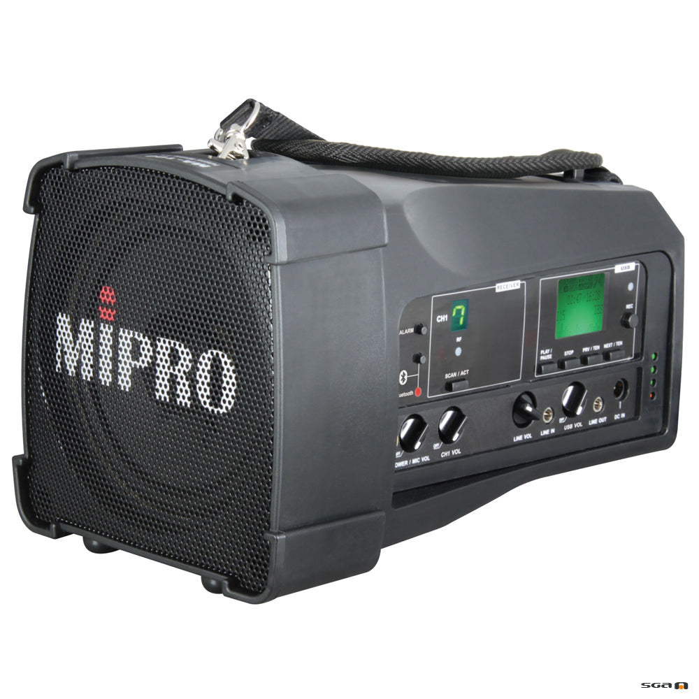 MiproMA100. Max 50W, 5" portable speaker w/B/Tooth, USB player/recorder, single wireless receiver.