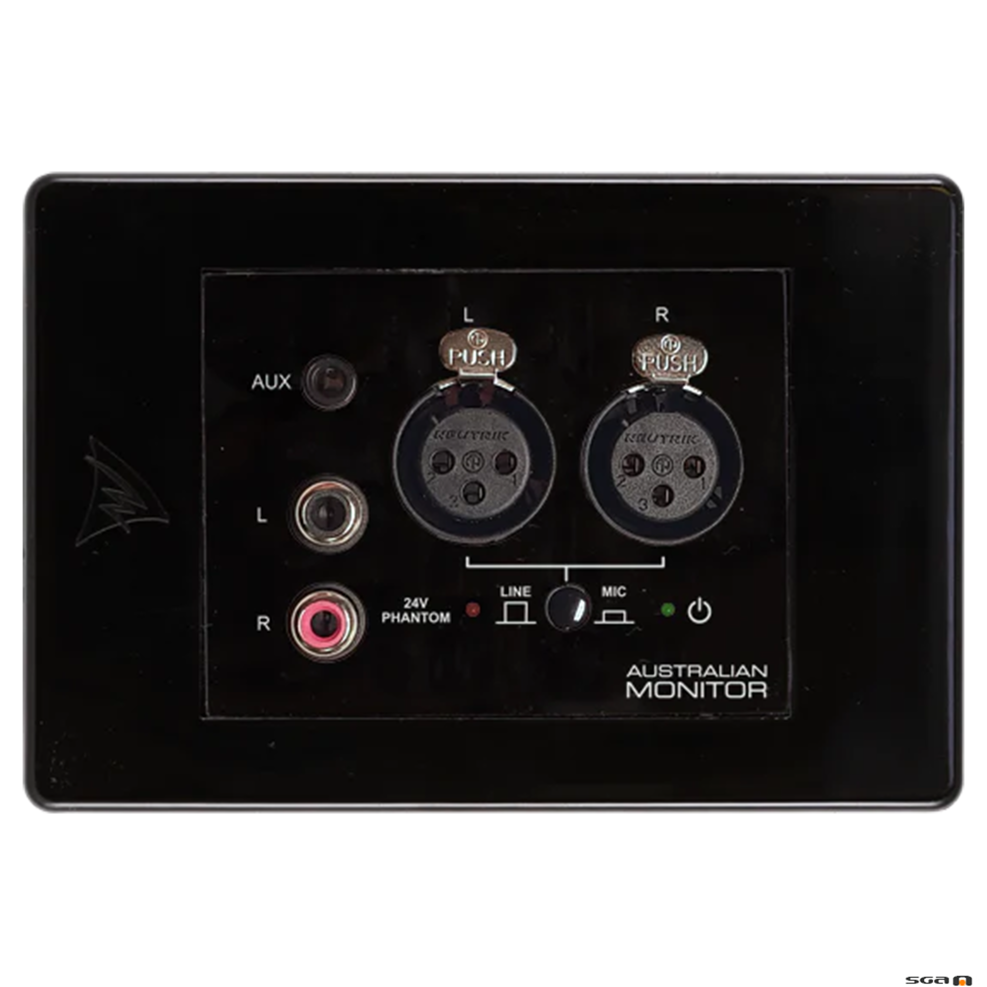 Australian Monitor black active audio input wall panel with XLR, RCA and 3.5mm input connector