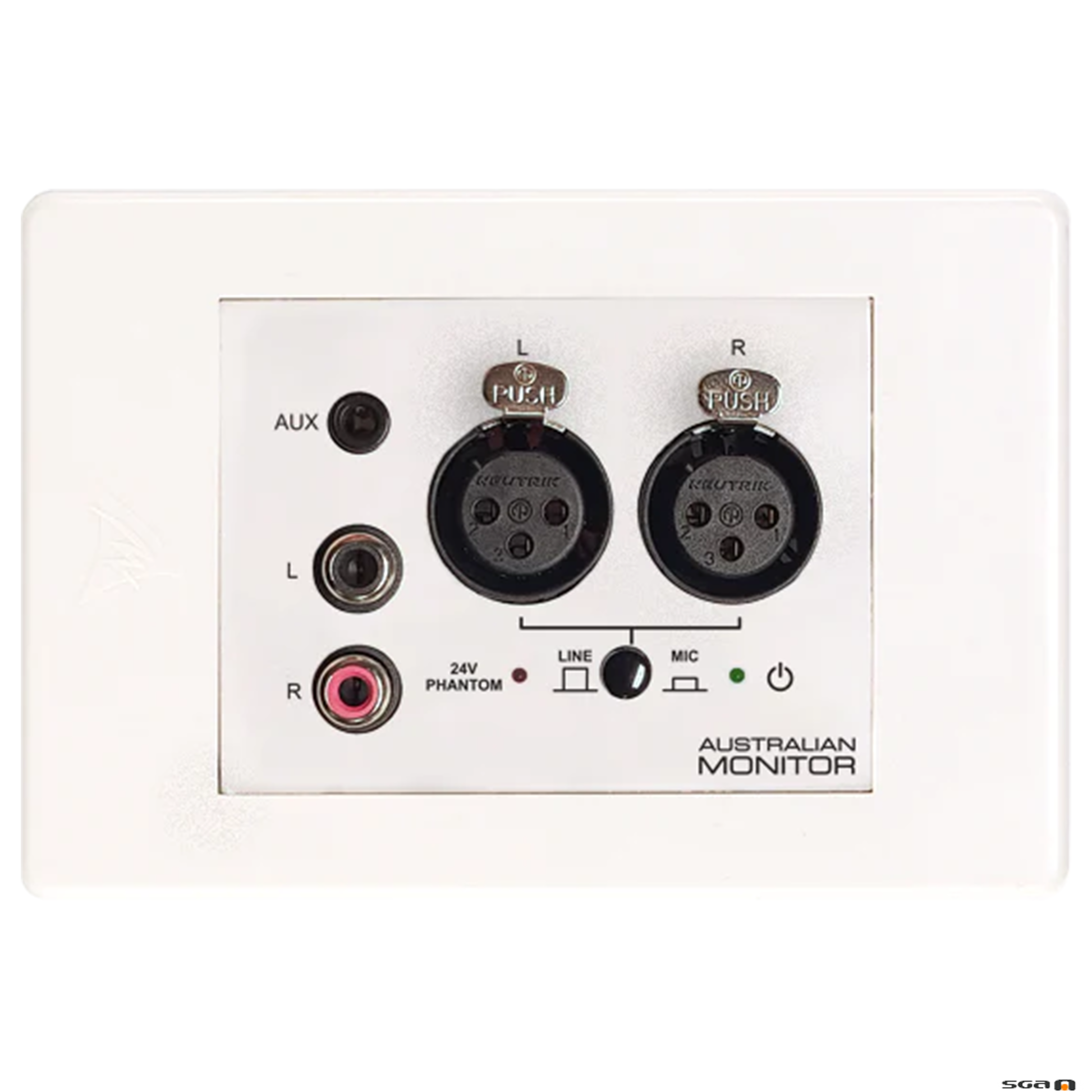 Australian Monitor white active audio input wall panel with XLR, RCA and 3.5mm input connector