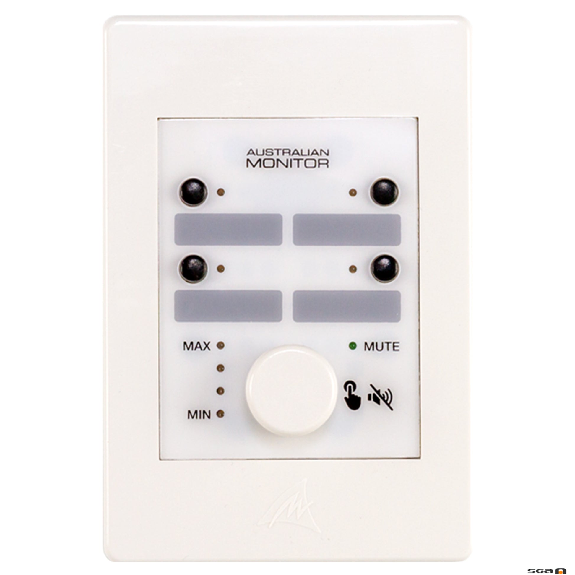 white wall panel, 4 button controller with volume control knob for use with the ZONEMIX system.