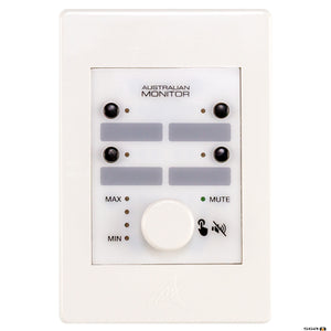 white wall panel, 4 button controller with volume control knob for use with the ZONEMIX system.