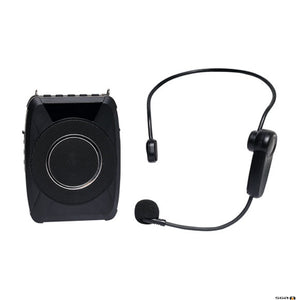 Black portable speaker with headset