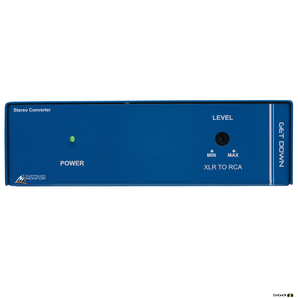 Australian Monitor GETDOWN stereo converter converts a professional line level balanced audio signal to an unbalanced domestic level signal
