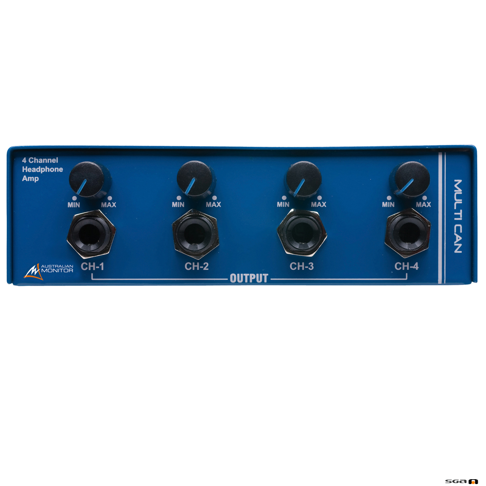 Australian Monitor MULTICAN 4 ch h/phone amp. 6.35mm TRS, dual RCA and dual XLR stereo inputs to 6.35mm