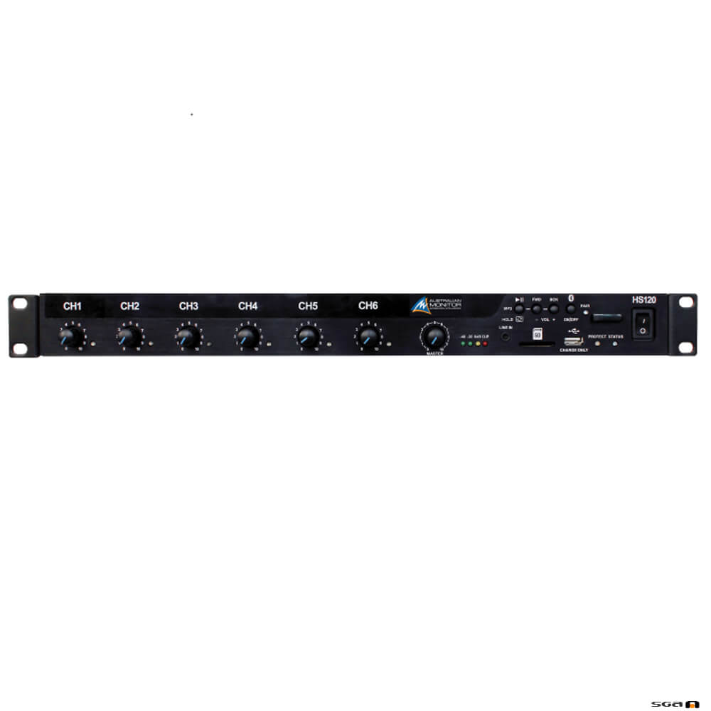 Australian Monitor HS250 250W mixer amplifier with 9 inputs, 12V phantom pwr, B/Tooth, MP3, 100V, 70V & 4ohm.