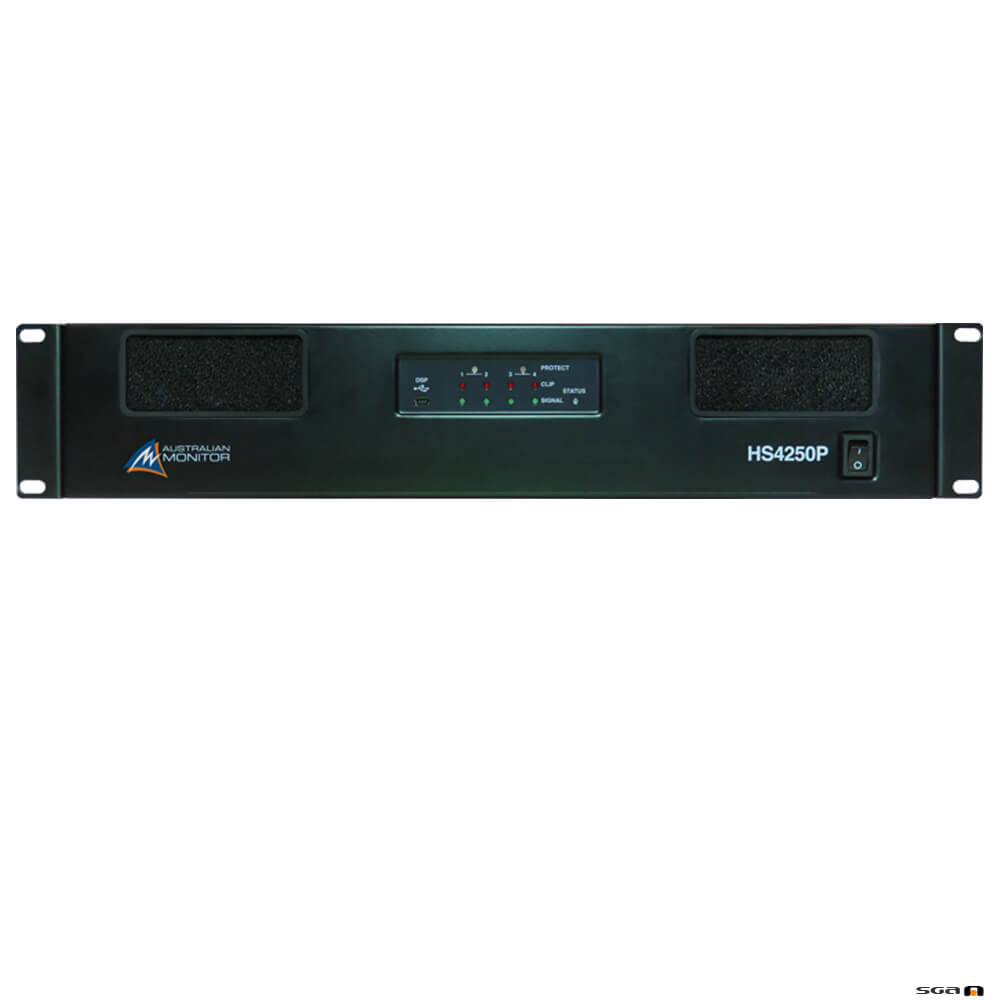 Australian Monitor HS4120 Power Amplifier: 4 x 120 watts, 100 volt line or low impedance with USB/RS232 control with mini DSP