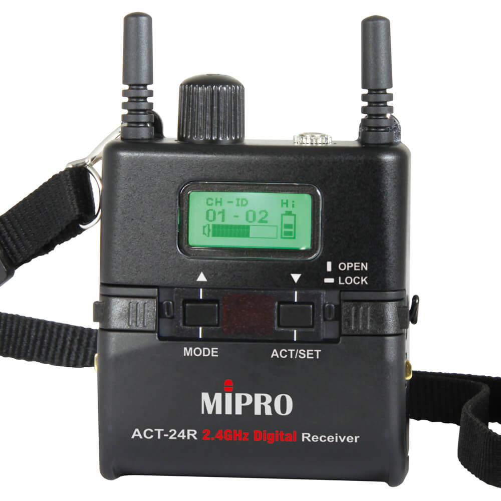 MiPro ACT24R Rechargeable 2.4 GHz miniture bodypack-sized receiver.