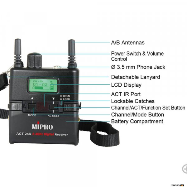 MiPro ACT24R Rechargeable 2.4 GHz miniture bodypack-sized receiver.