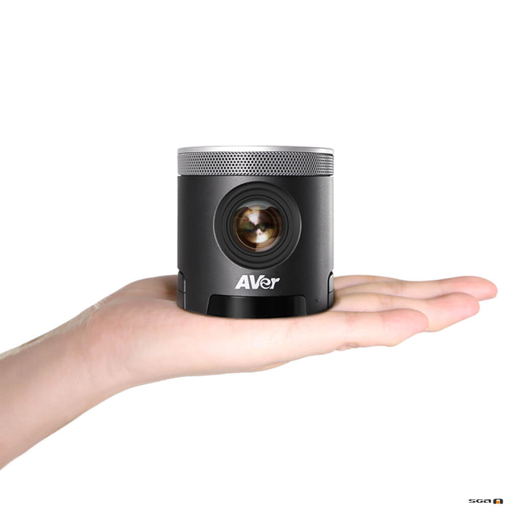 Aver CAM340+ Professional Video Conference Camera in human hand showing compact size