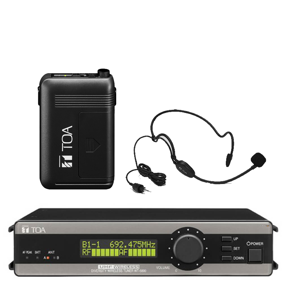 TOA WT5800PTH UHF True Diversity Wireless Receiver w/ Beltpack Transmitter WM5325, Head set Microphone WH4000H. Available in 636-666MHz or 578-606MHz.