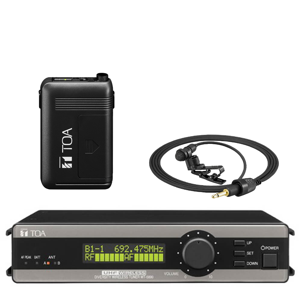 TOA WT5800PTU UHF True Diversity Wireless Receiver w/ Beltpack Transmitter WM5325, Uni directional Lapel Microphone YPM5300. Available in 636-666MHz or 578-606MHz.