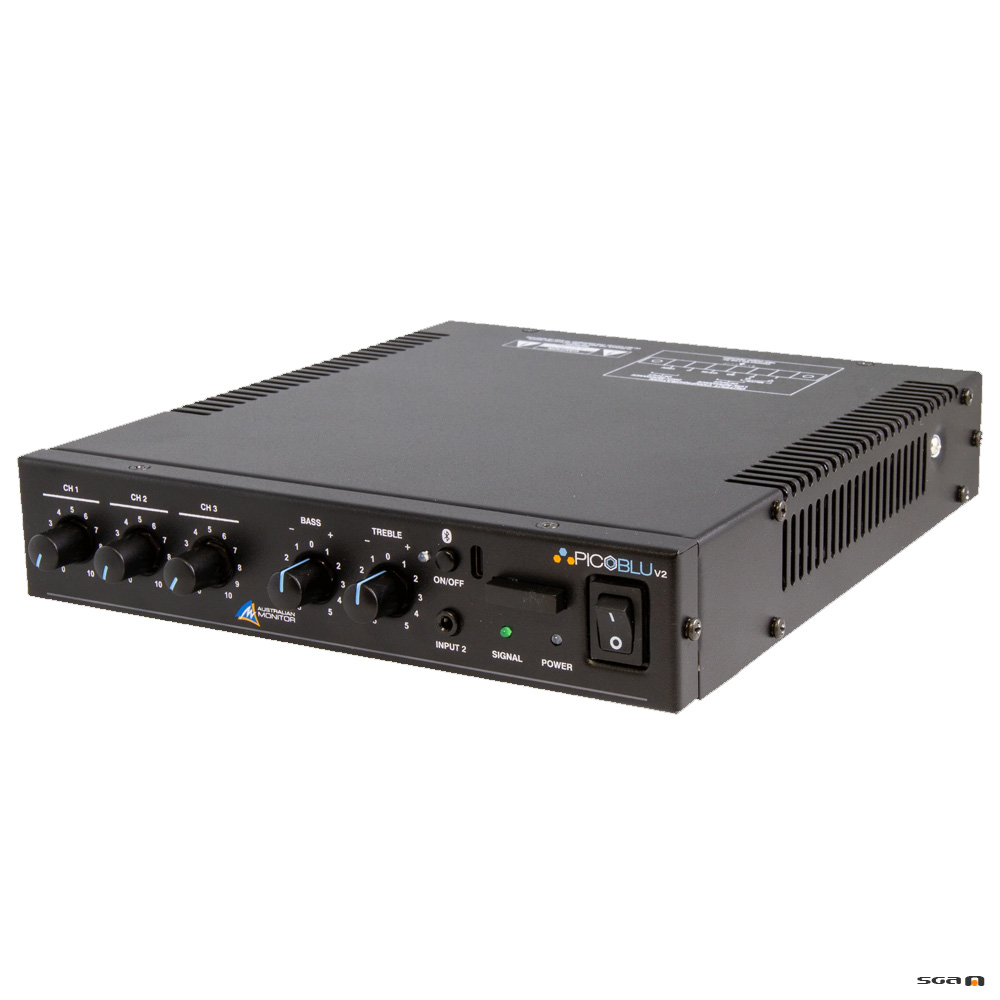 Australian Monitor PICOBLU V2 Mixer Amplifier, 30W, with Bluetooth front side and top view