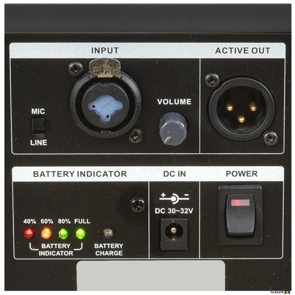 Lectern Pro base close up with input, output, switch and battery level indicator.